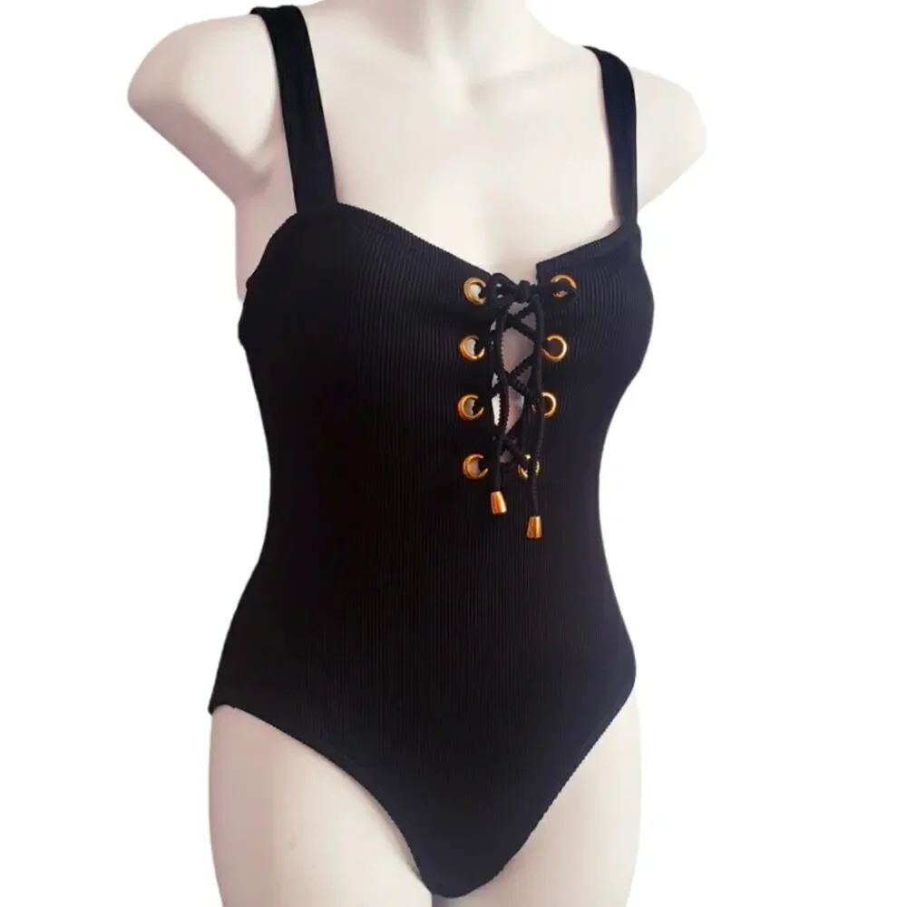 NWT Kensie Black Ribbed One‎ Peice Monokini Swimsuit Size Small Padded Lace Up